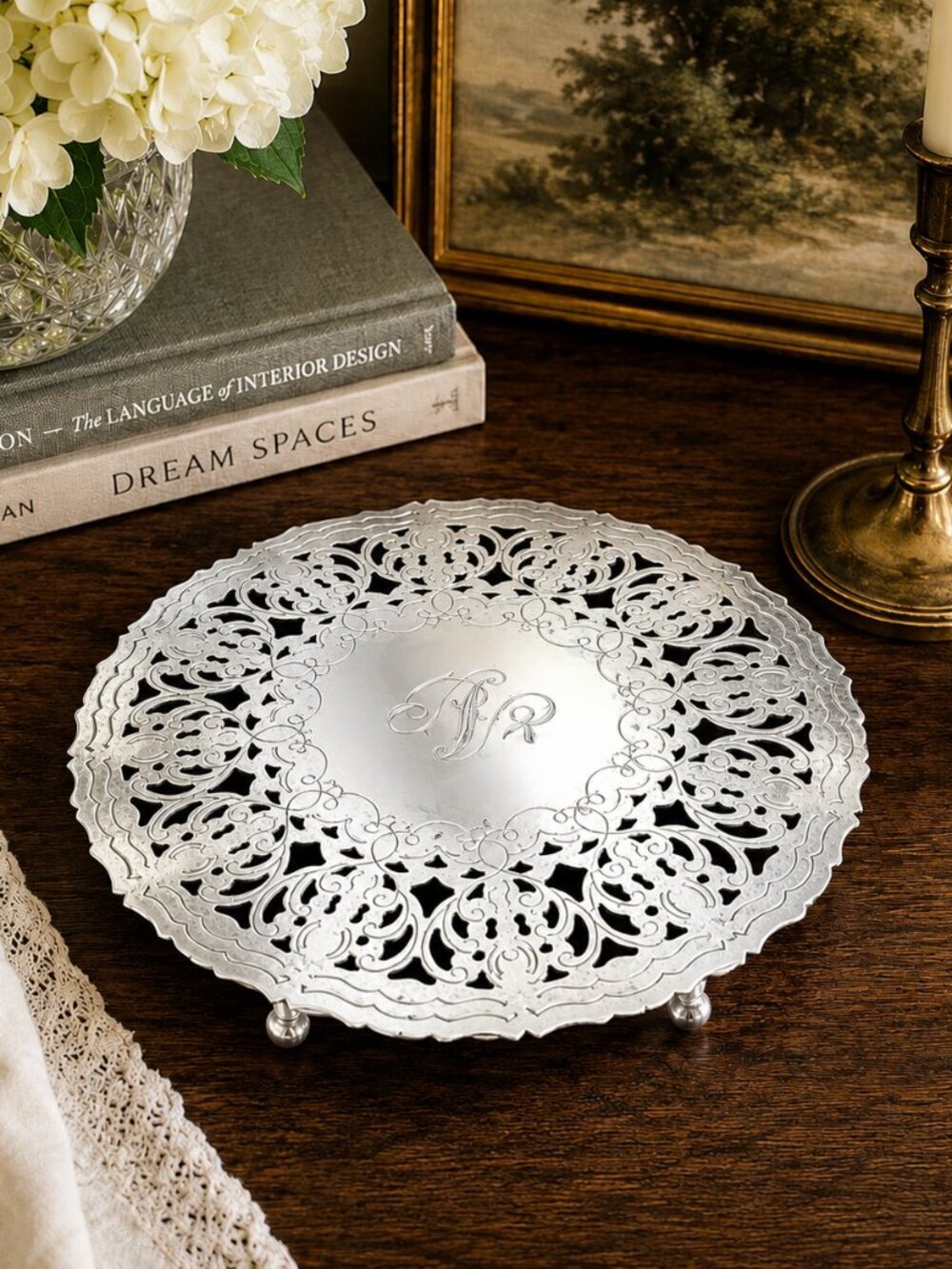 VTG Italian Silver-Plated Filigree Trivet | Ornate Openwork Monogrammed Serving